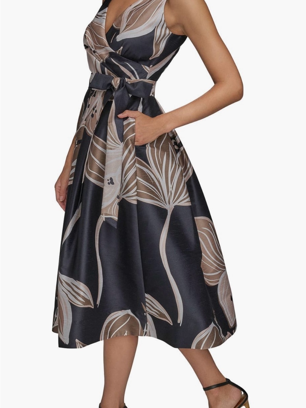 Donna Karan Black Midi Dress with Taupe Floral Print - Picture 3 of 6
